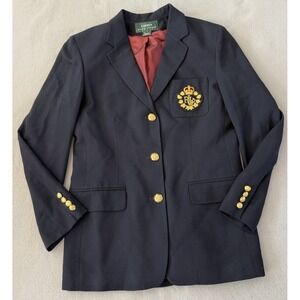 Lauren Ralph Lauren Womens 10 Wool Blazer 3D Crest Navy Blue Gold Buttons VTG